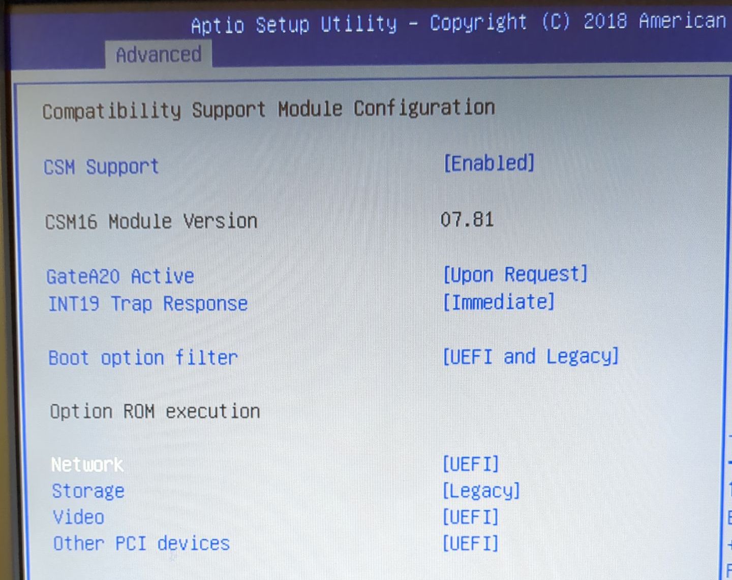 CSM Settings within UEFI