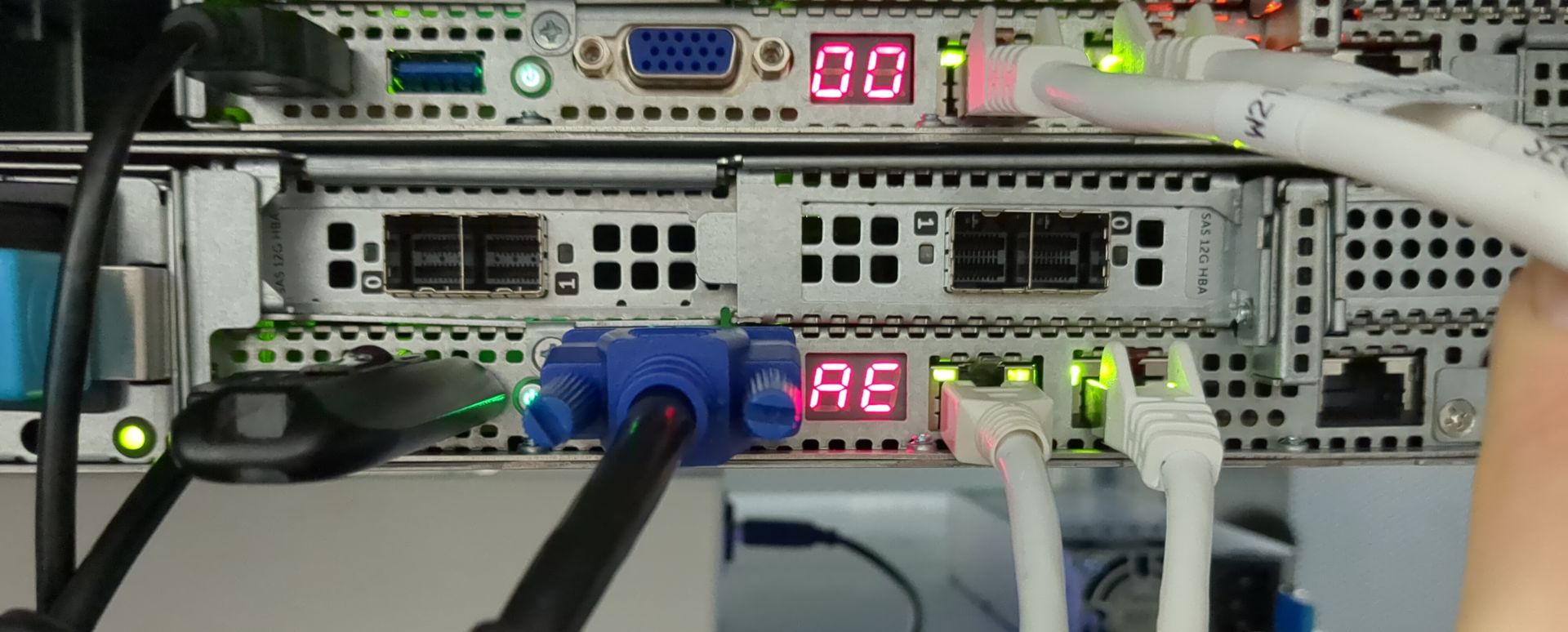 Debug seven-segment display on the back of a server.